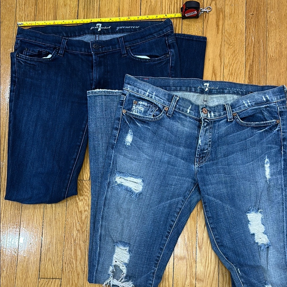 7 For All Mankind Women's Skinny Jeans - Dark Indigo & Medium Distressed Blue
